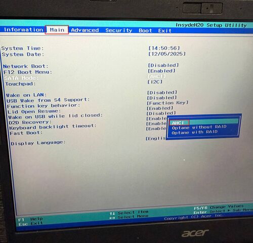Окно переключения диска между режимами Optain Raid и AHCI